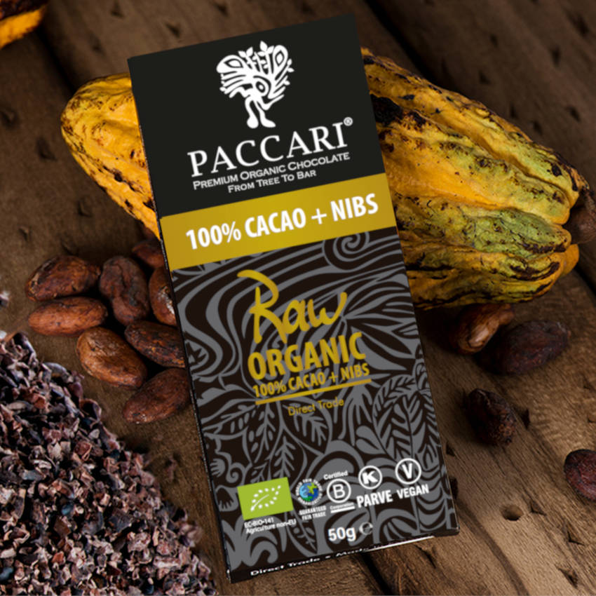 Raw Organic 100% Cacao + Nibs Schokolade von Paccari