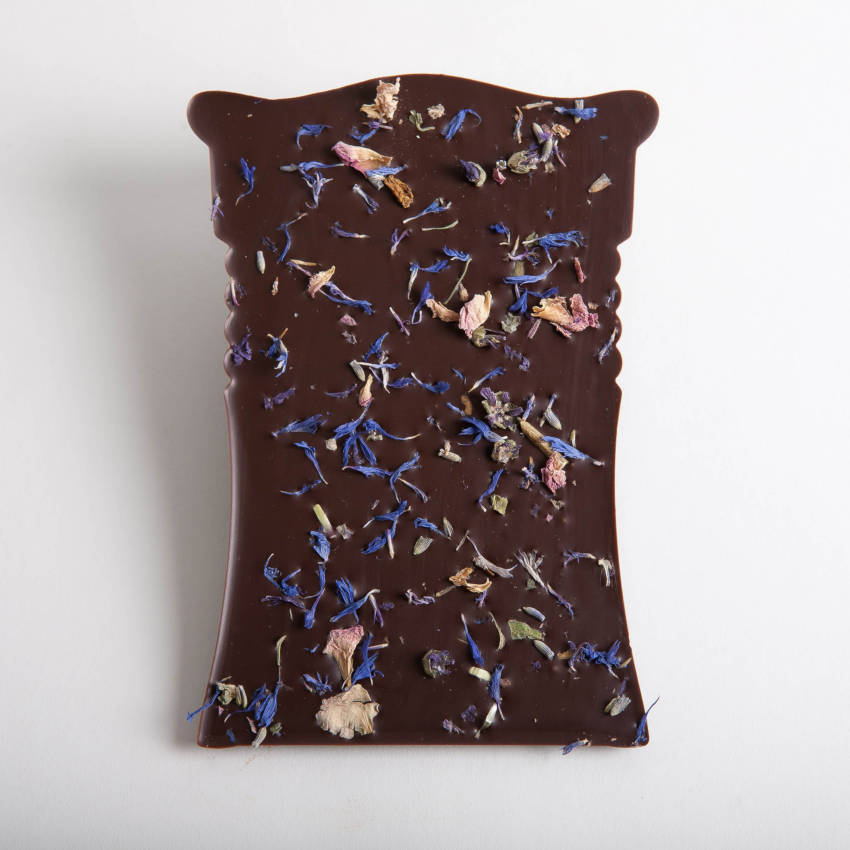 Kiki's Edelbitter Schokolade mit Blüten, Rückseite