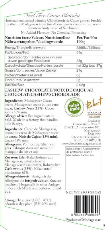 Vegan Milc Cashew 65% - Chocolat Madagascar 85g Tafel - Rückseite