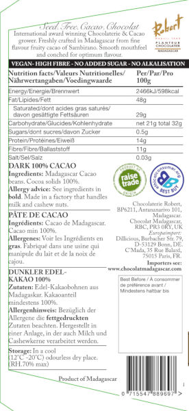 Dunkle 100% Golden Bean Winner - Chocolat Madagascar 85g Tafel - Rückseite