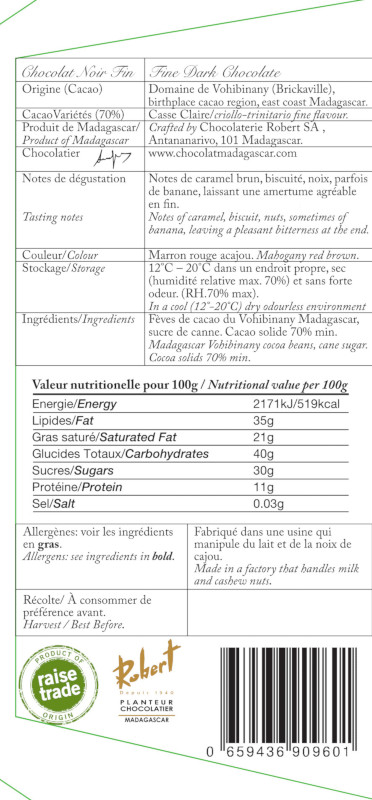 Domaine Vohibinany 70% Single Plantation - Chocolat Madagascar 85g Tafel - Rückseite