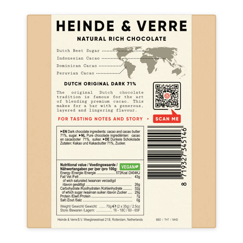 Dutch Original Dark 71% - Dunkle Schokolade 70g von Heinde & Verre - Rückseite