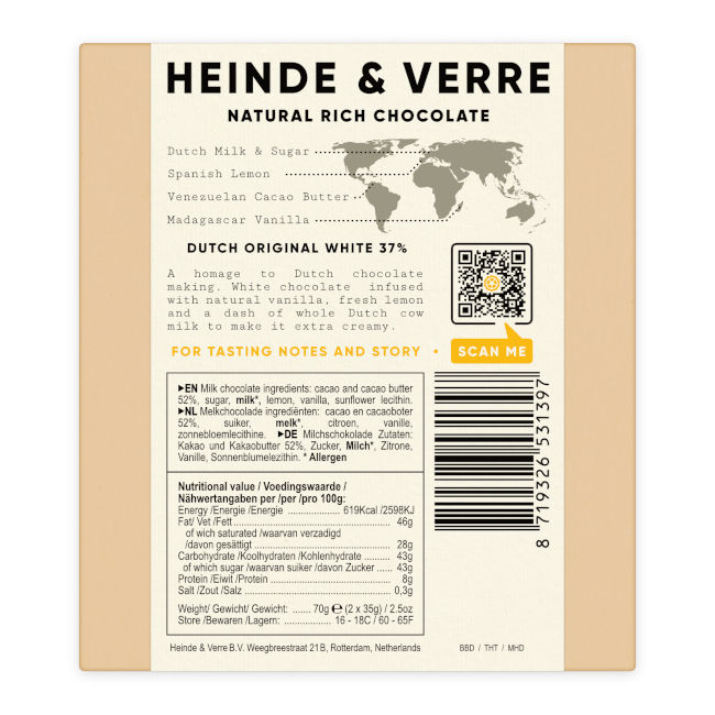 Dutch Original Weiße Schokolade Lemon 37% 70g von Heinde & Verre, Verpackung Rückseite