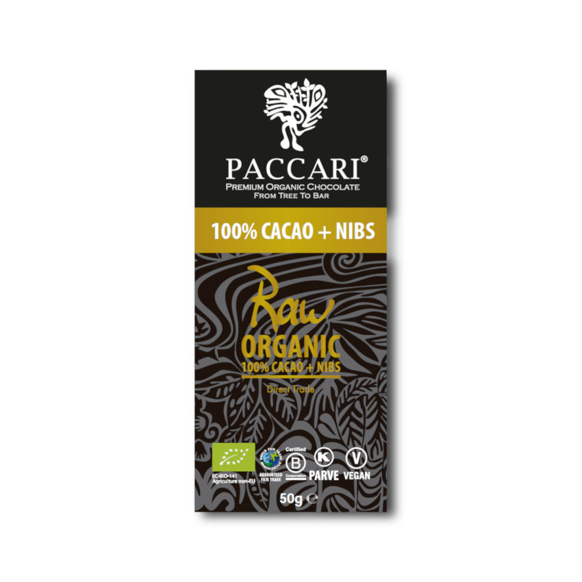 Paccari RAW 100% Cacao + Nibs Tafel rohe Bio Schokolade mit Kakaonibs