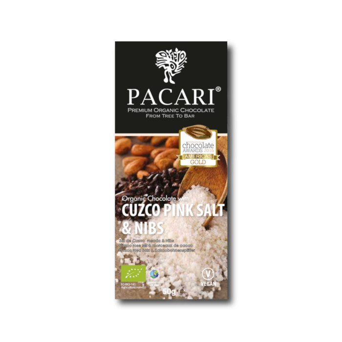 Bio Schokolade Pacari / Paccari mit Cuzco Pink Salz & Nibs, 60% Kakao