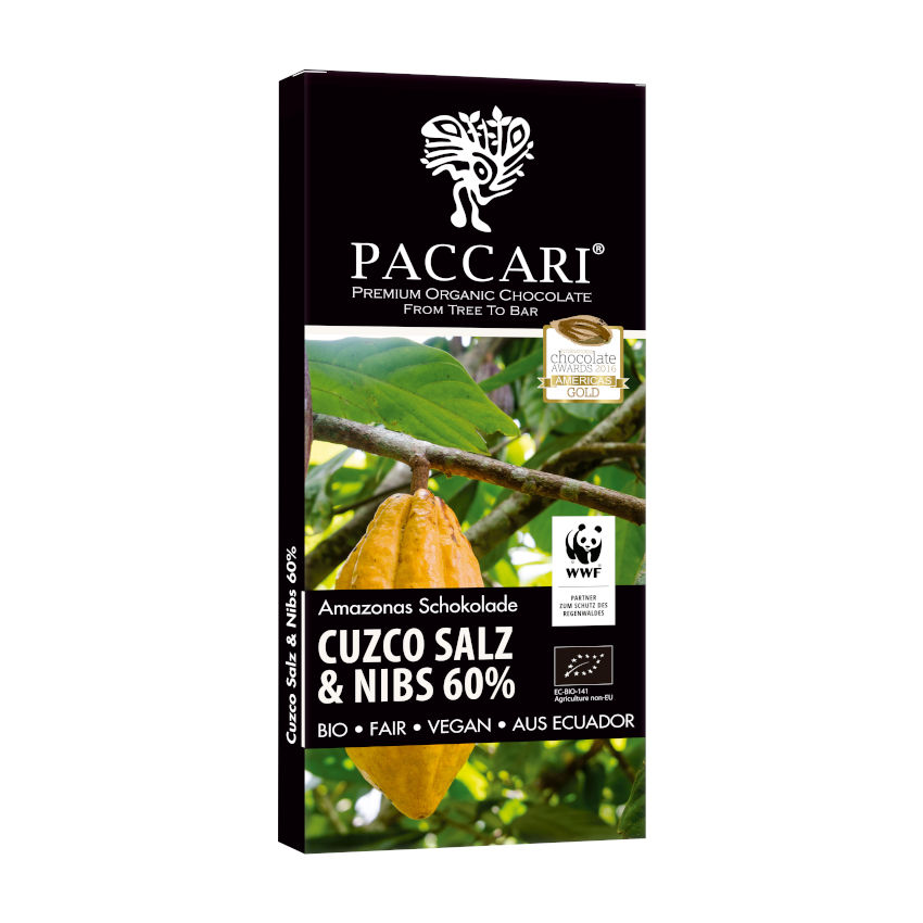 Bio Schokolade Paccari mit Cuzco Pink Salz & Nibs, 60% Kakao (WWF)