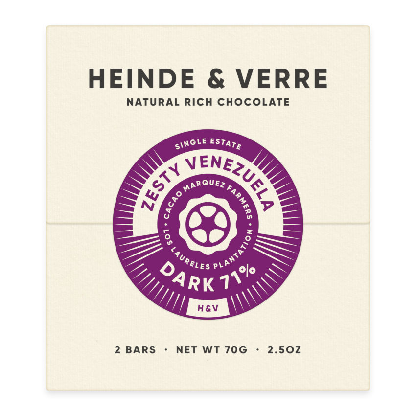 Zesty Venezuela Dark 71% - Dunkle Schokolade 70g von Heinde & Verre