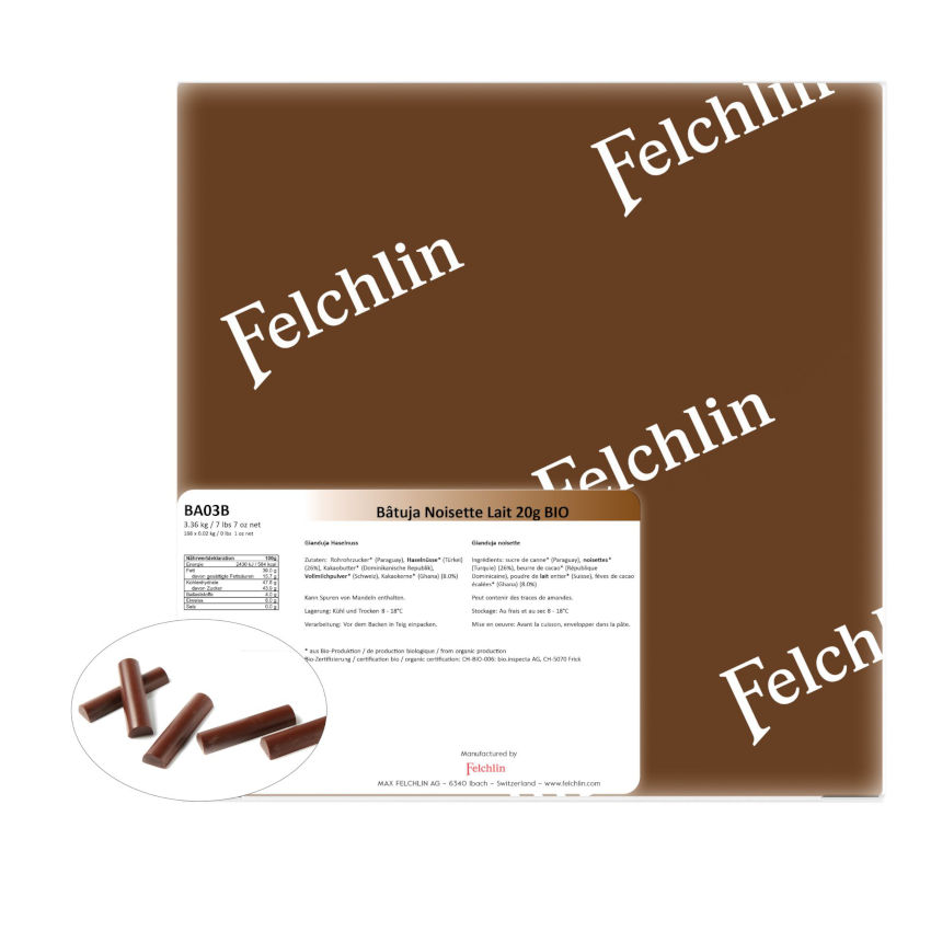 Bio Batuja Noisette Lait, Backeste Gianduja-Stäbchen von Felchlin