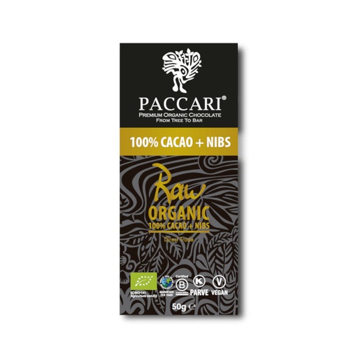 [170062] Paccari RAW 100% Cacao + Nibs Tafel rohe Bio Schokolade mit Kakaonibs