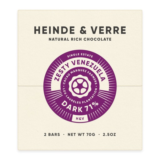 [170319] Zesty Venezuela Dark 71% - Dunkle Schokolade 70g von Heinde & Verre