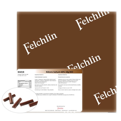 [felchlin-bio-batons-suhum-backfest] Bio Batons Suhum 60%, dunkle Schokolade-Stäbchen zum Backen von Felchlin